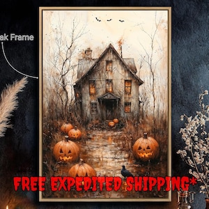 Eerie Haunted House Framed Canvas Wall Art Spooky Pumpkin Path Print Halloween Decor Jack O Lanterns Poster Fast Shipping Free Ready to Hang