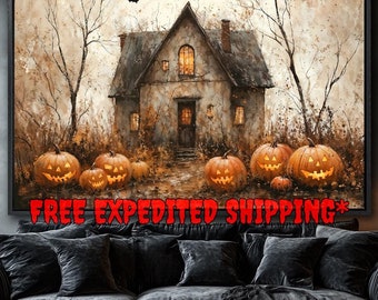 Spooky Jack O Lantern Framed Canvas Wall Art Creepy Pumpkin Print Eerie Halloween Decor Dark Gothic Poster Fast Shipping Free Ready to Hang