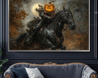 Halloween Framed Canvas Wall Art Eerie Haunted House Decor Pumpkin Painting Print Spooky Atmosphere Poster Ready to Hang Fast Shipping Free