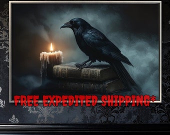 Dark Raven and Candle Framed Canvas Wall Art Mystical Crow Painting Print Halloween Decor Gothic Poster Fast Shipping Free Ready to Hang