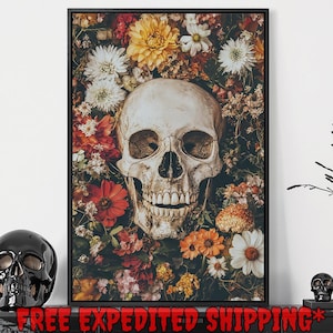 Eerie Skull in the Vibrant Flowers Print, Gothic Floral Home Decor, Mystical Dark Botanical Poster, Ready to Hang Framed Canvas Wall Art