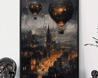 City Night Landscape Framed Canvas Wall Art Hot Air Balloons Painting Print Dark Cityscape Decor Gothic Dark Academic Poster Ready to Hang
