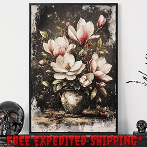 Impresión de ramo de magnolia en jarrón, decoración floral vintage abstracta para el hogar, póster botánico gótico oscuro, arte de pared en lienzo enmarcado listo para colgar