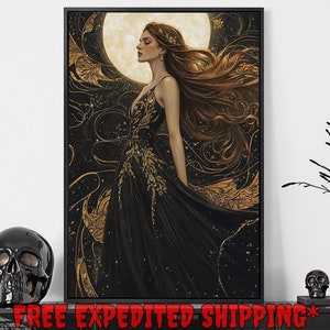 Celestial Goddess in Moonlit Print, Full Moon and Starry Sky Decor, Mystical Dark Cottagecore Poster, Ready to Hang Framed Canvas Wall Art
