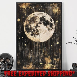Large Full Moon Framed Canvas Wall Art Black Gold Space Painting Print Dark Skies in the Stars Decor Celestial Poster Gift Ready to Hang