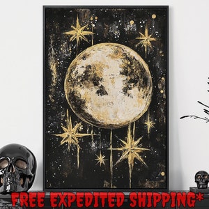 Great Moon and Stars Framed Canvas Wall Art Abstract Lunar Surface Painting Print Dark Space Decor Celestial Poster Gift Ready to Hang