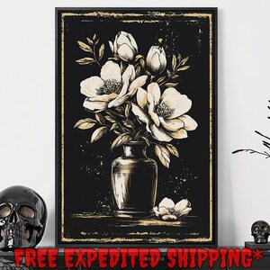 Impresión de ramo de flores vintage, jarrón floral gótico oscuro para decoración del hogar, póster botánico de magnolia oscura, lienzo enmarcado listo para colgar