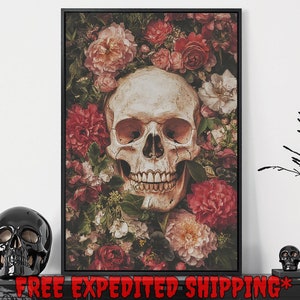Lienzo enmarcado con calaveras y flores, arte de pared, pintura con flores rosas, impresión de vida y muerte, decoración gótica oscura, póster de academia, regalo listo para colgar