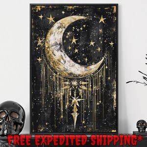 Crescent Moon and Stars Framed Canvas Wall Art Dark Night Sky Painting Print Gothic Celestial Decor Mystical Poster Gift Ready to Hang