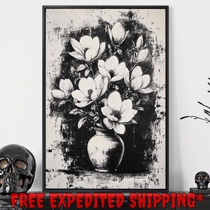 Impresión de flores en blanco y negro en un jarrón, decoración monocromática de ramo de magnolias, póster botánico oscuro, arte de pared en lienzo enmarcado listo para colgar