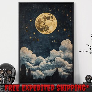 Full Moon Night Framed Canvas Wall Art Starry Sky in the Clouds Painting Print Celestial Decor Dark Urban Silhouette Poster Ready to Hang