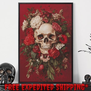 Skull and Red Flowers Framed Canvas Wall Art Dark Botanical Painting Print Creepy Dramatic Decor Gothic Dark Academia Poster Ready to Hang
