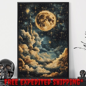 Full Moon in the Clouds Framed Canvas Wall Art Starry Sky Painting Print Dark Mystic Space Decor Dream Landscape Poster Gift Ready to Hang