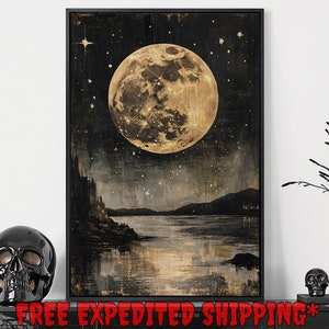 Surreal Moonlit Night Framed Canvas Wall Art Mystical Landscape Painting Print Starry Sky Decor Dark Cottagecore Poster Gift Ready to Hang