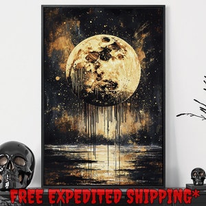 Mystical Full Moon Print, Dramatic Starry Sky Dark Space Home Decor, Celestial Dark Academic Poster, Ready to Hang Framed Canvas Wall Art