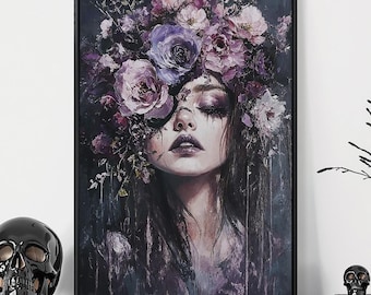 Girl with Purple Flowers Framed Canvas Wall Art Gothic Woman Painting Print Beauty Face Decor Dark Academia Poster Gift Ready to Hang