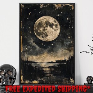Full Moon in Dark Sky Framed Canvas Wall Art Gothic Landscape Painting Print Starry Night Decor Dark Cottagecore Poster Gift Ready to Hang