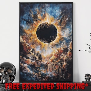 Mysterious Solar Eclipse Print, Dark Aesthetic Gothic Clouds Decor, Celestial Dark Academia Poster, Ready to Hang Framed Canvas Wall Art