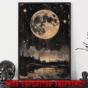 Mystical Moonlit Landscape Print, Starry Night Sky Gothic Home Decor, Celestial Dark Academic Poster, Ready to Hang Framed Canvas Wall Art