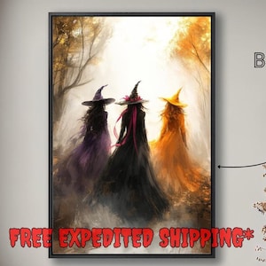 Trio of Witches in Misty Forest Framed Canvas Wall Art Spooky Halloween Painting Print Mystical Witchy Decor Witch Poster Fast Shipping Free