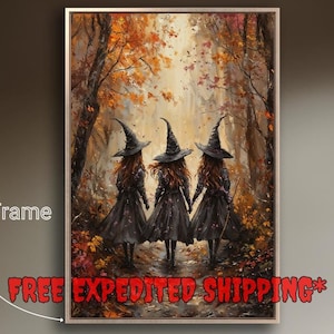 Lienzo enmarcado con brujas en el bosque otoñal, arte de pared, pintura gótica de brujas, impresión, decoración de Halloween espeluznante, póster de bruja mágica, envío rápido gratis