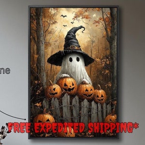 Lienzo enmarcado con sombrero de bruja y fantasma, arte de pared, estampado de calabaza espeluznante, decoración rústica inquietante, póster grande de Halloween, envío rápido gratis