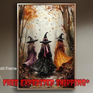 Lienzo enmarcado con tres brujas en un bosque otoñal, arte de pared, pintura de otoño espeluznante, impresión mágica, decoración de Halloween, póster de brujas, envío rápido gratis