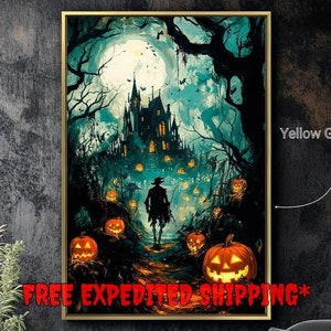 Gothic Haunted House Framed Canvas Wall Art Spooky Pumpkins Print Creepy Halloween Decor Full Moon Poster Fast Shipping Free Ready to Hang