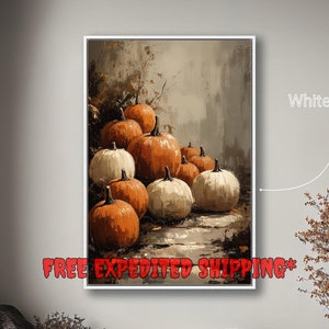 Autumn Pumpkin Stack Framed Canvas Wall Art Pumpkins Still Life Painting Print Cozy Halloween Decor Rustic Fall Poster Fast Shipping Free