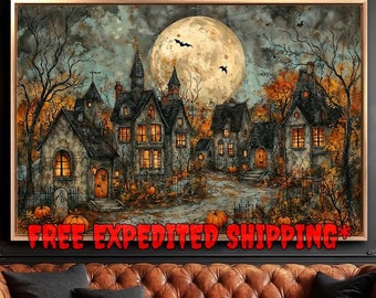 Spooky Gothic Village Framed Canvas Wall Art Haunted Houses Print Halloween Decor Autumn Full Moon Poster Fast Shipping Free Ready to Hang