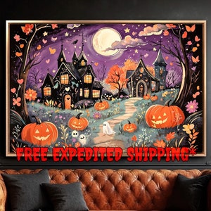 Halloween Night Framed Canvas Wall Art Haunted Houses with Pumpkins Art Print Halloween Decor Spooky Poster Fast Shipping Free Ready to Hang