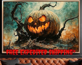 Spooky Jack O Lantern Framed Canvas Wall Art Creepy Pumpkin Print Eerie Halloween Decor Dark Gothic Poster Fast Shipping Free Ready to Hang