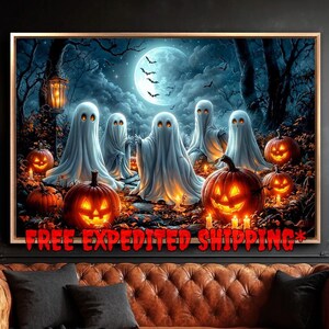 Ghostly Halloween Night Framed Canvas Wall Art Jack O Lantern Decor Horror Painting Print Pumpkin Poster Ready to Hang Fast Shipping Free