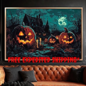 Creepy Pumpkins Framed Canvas Wall Art Jack O Lantern Painting Print Halloween Decor Haunted House Poster Fast Shipping Free Ready to Hang