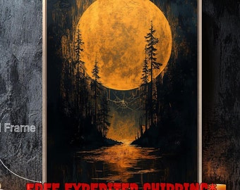 May include: A painting of a large, full moon in a dark forest setting. The moon is a bright orange color and is surrounded by tall, dark trees. The moon is reflected in a still lake in the foreground. The painting has a dark and mysterious feel.