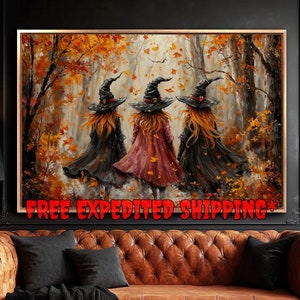 Lienzo enmarcado con diseño de trío de brujas otoñales, arte de pared con brujas en el bosque otoñal, impresión de pintura, decoración de Halloween de brujas, listo para colgar, regalo, envío rápido gratis