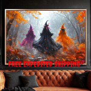 Three Witches in Forest Framed Canvas Wall Art Autumn Witchy Oil Painting Print Large Halloween Wall Decor Witch Poster Fast Shipping Free