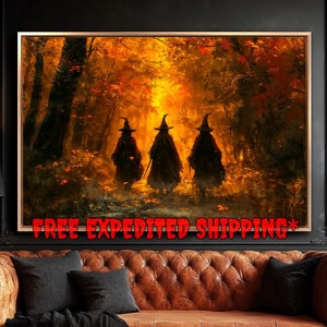 Three Witches in Autumn Forest Framed Canvas Wall Art Spooky Painting Print Witchy Halloween Decor Creepy Witch Poster Fast Shipping Free