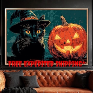 Witch Hat Cat with Pumpkin Framed Canvas Wall Art Halloween Painting Print Witchy Decor Spooky Poster Gift Fast Shipping Free Ready to Hang
