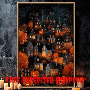 Halloween Pumpkin Town Framed Canvas Wall Art Jack O Lantern Painting Print Gothic Poster Autumn Decor Gift Ready to Hang Fast Shipping Free