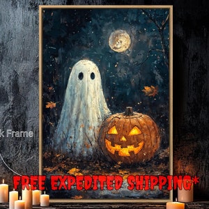 Spooky Ghost and Jack O Lantern Framed Canvas Wall Art Haunted Night Print Halloween Decor Creepy Poster Fast Shipping Free Ready to Hang