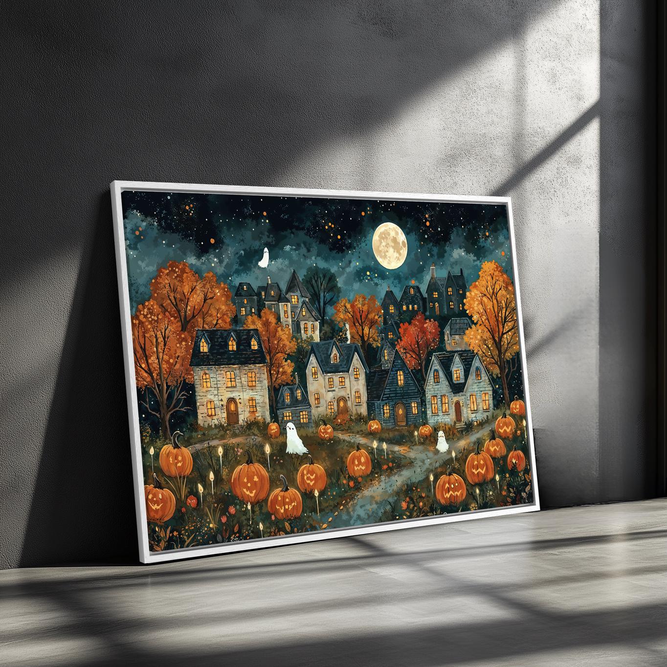 Halloween Village With Pumpkins Framed Canvas Wall Art Haunted Town ...