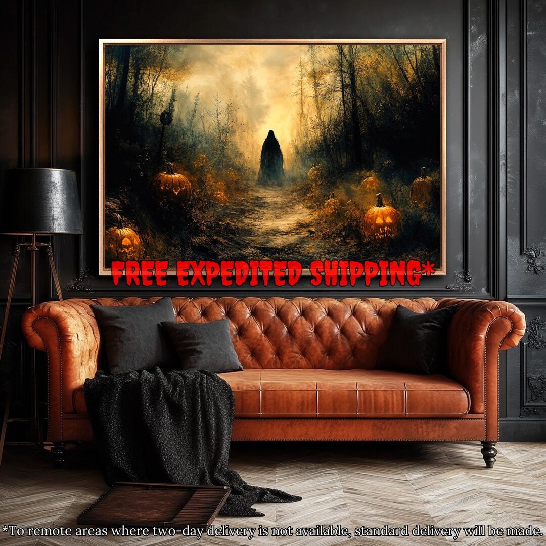 Spooky Ghostly Figure Framed Canvas Wall Art Creepy Pumpkins Art Print ...