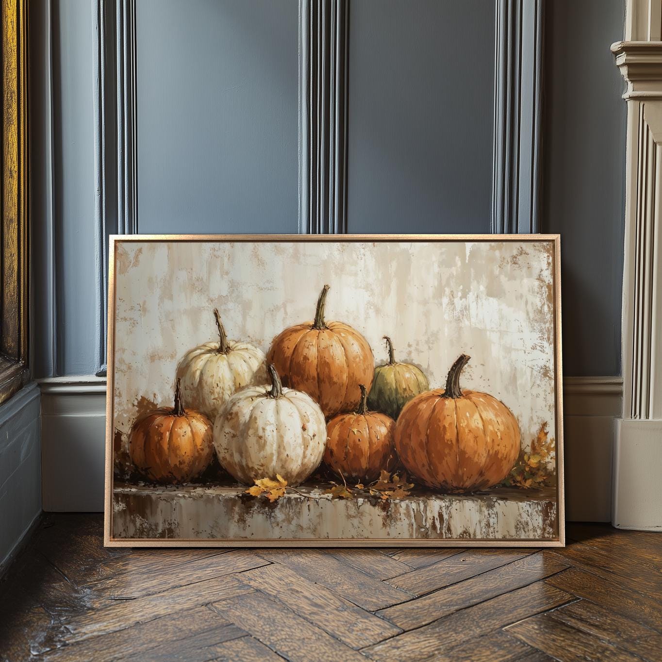 Pumpkins Still Life Framed Canvas Wall Art Halloween Vintage Oil ...