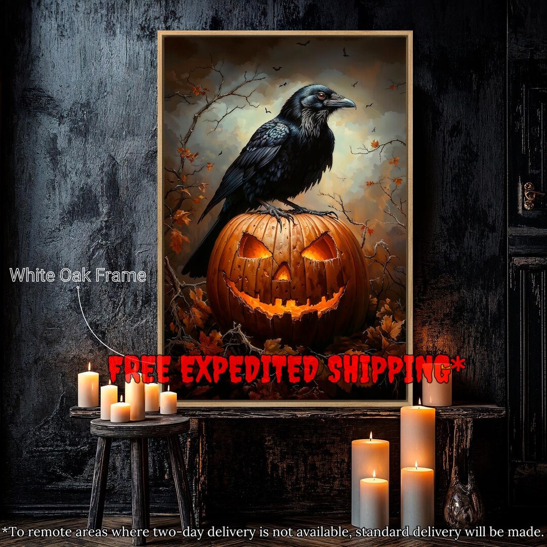 Spooky Raven on Pumpkin Framed Canvas Wall Art Creepy Crow