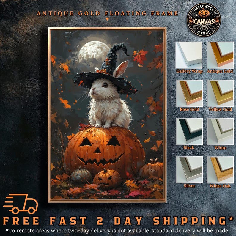 Bunny With Witch Hat Framed Canvas Wall Art Spooky Pumpkin Painting