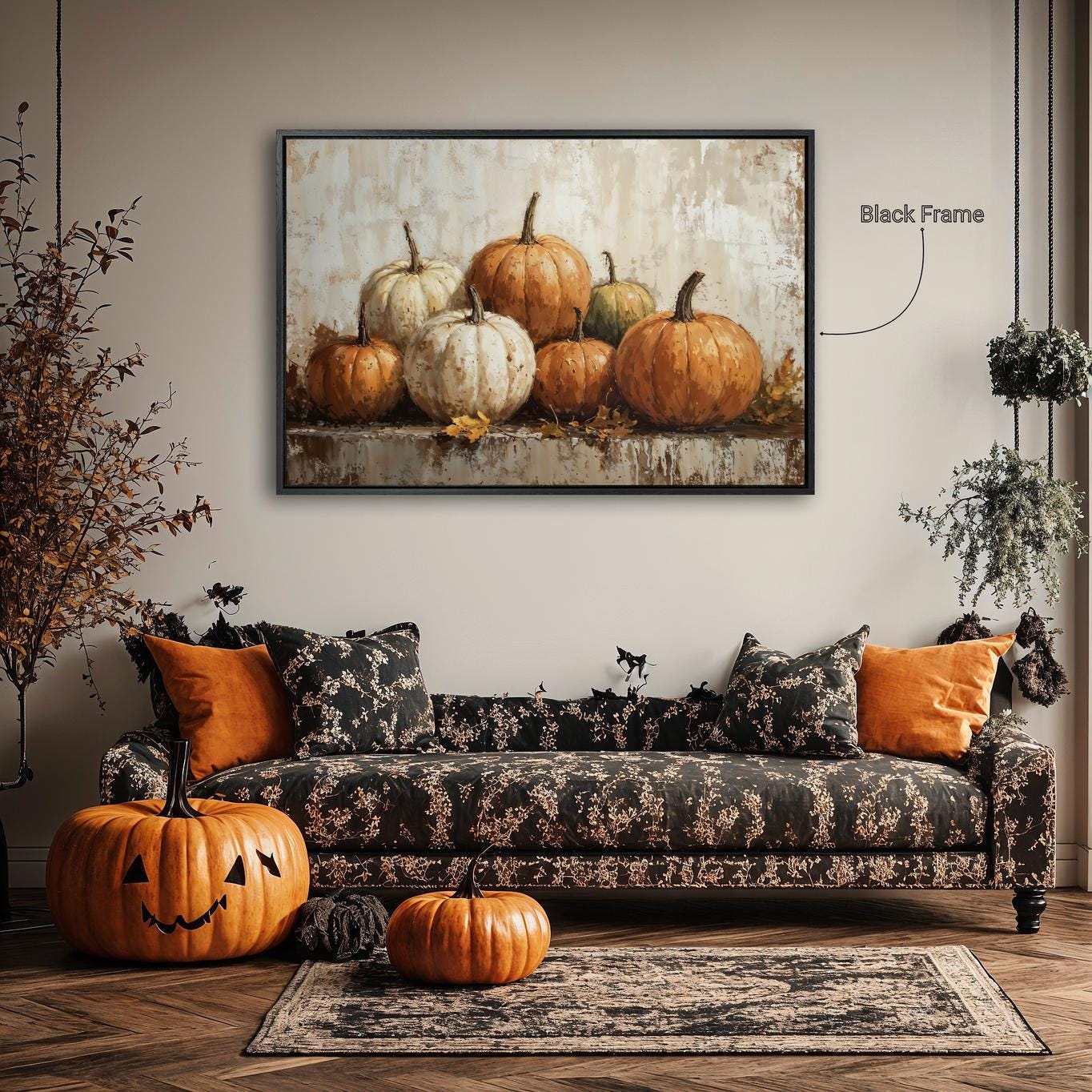 Pumpkins Still Life Framed Canvas Wall Art Halloween Vintage Oil ...