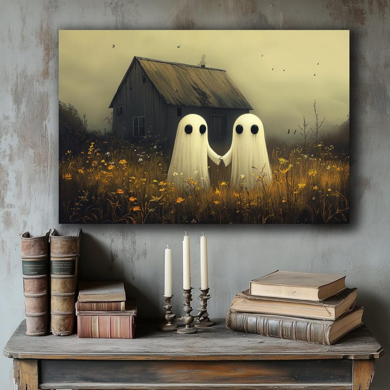 Spooky Ghosts Holding Hands Framed Canvas Wall Art Halloween Painting ...