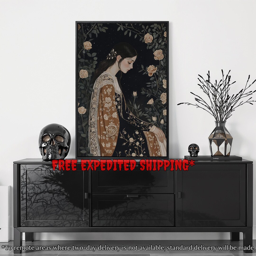 Elegant Woman With Flowers Framed Canvas Wall Art Romantic Night ...
