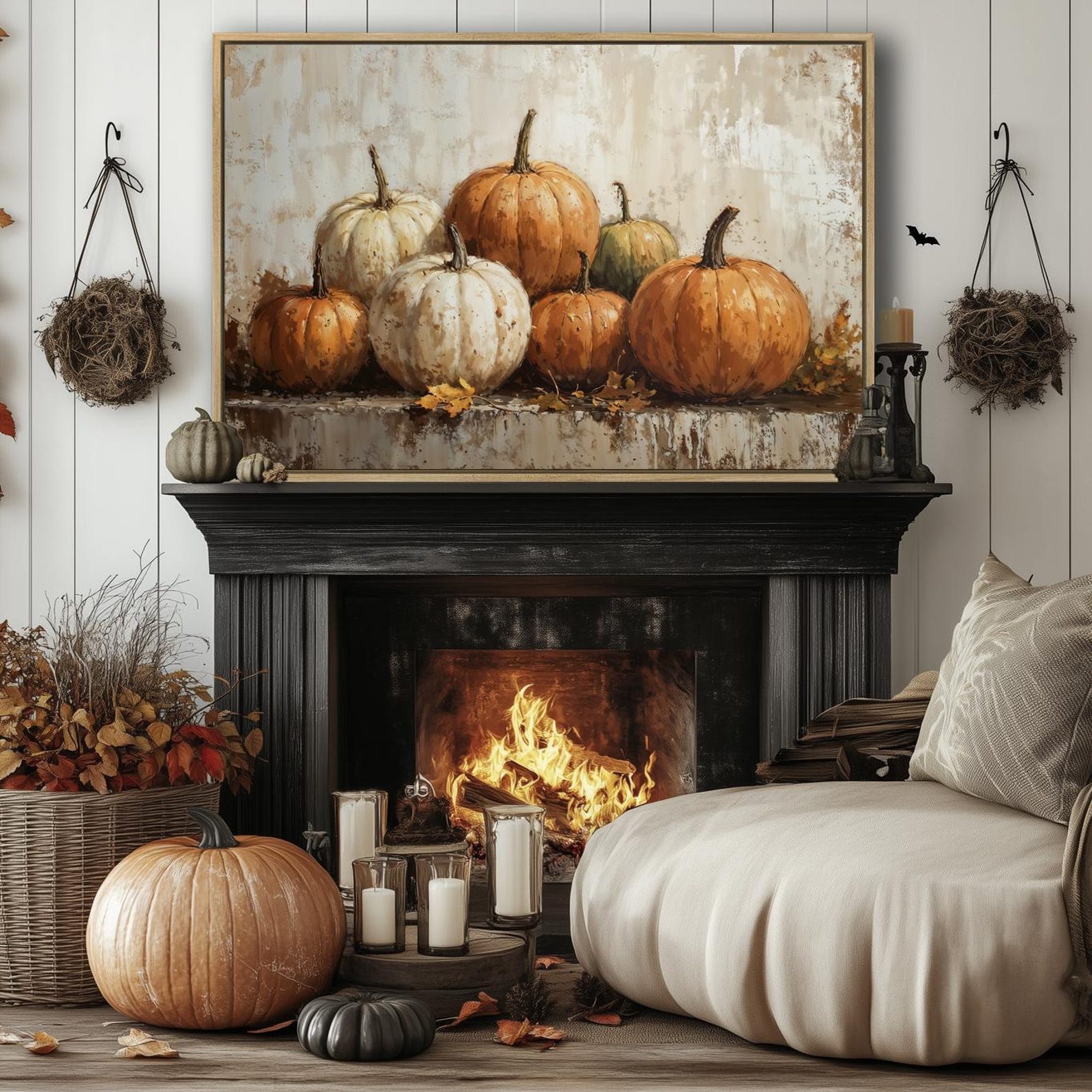 Pumpkins Still Life Framed Canvas Wall Art Halloween Vintage Oil ...